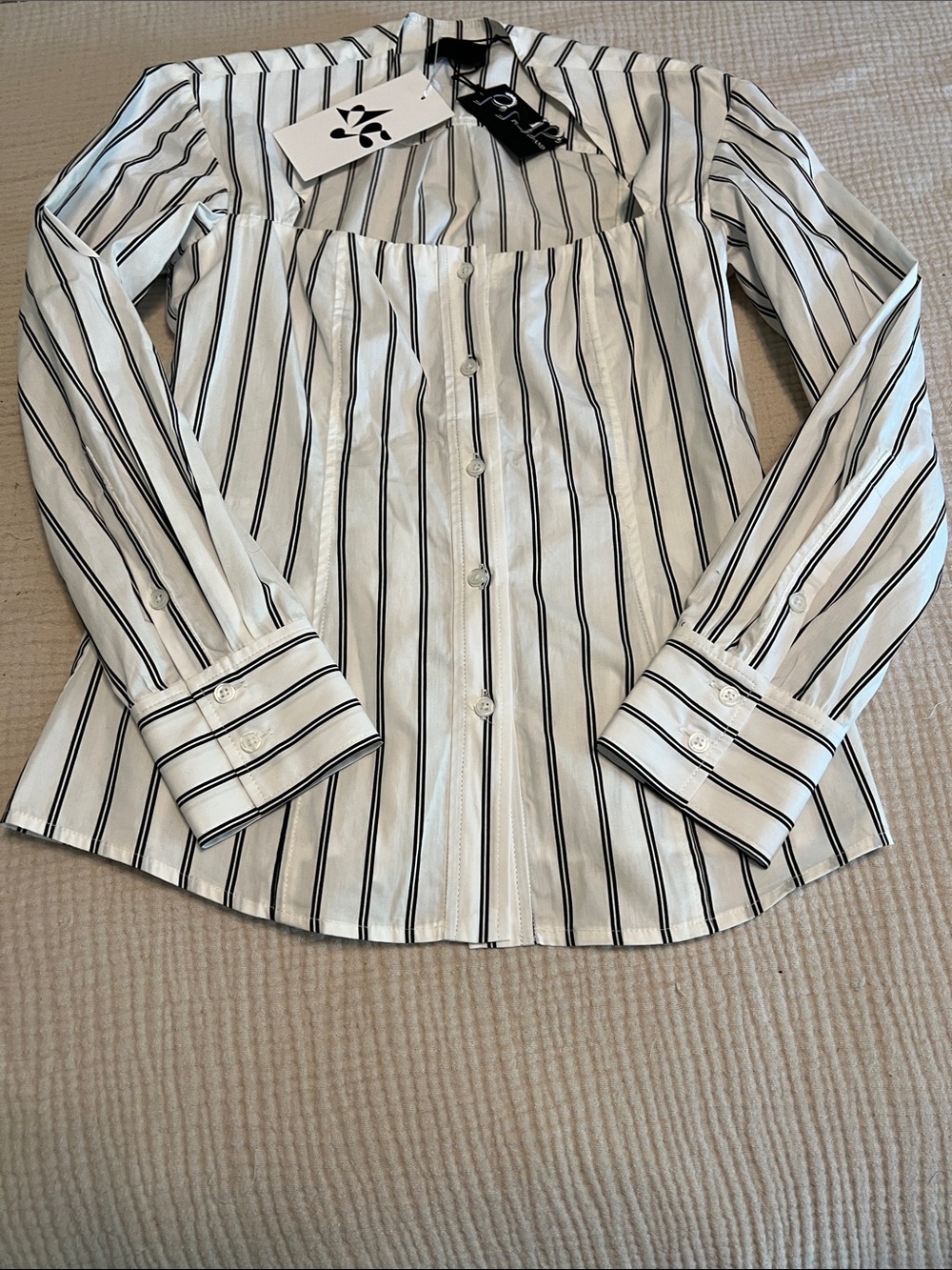 Puppets and Puppets Striped Square-Neck Button-Down Blouse in Black & White